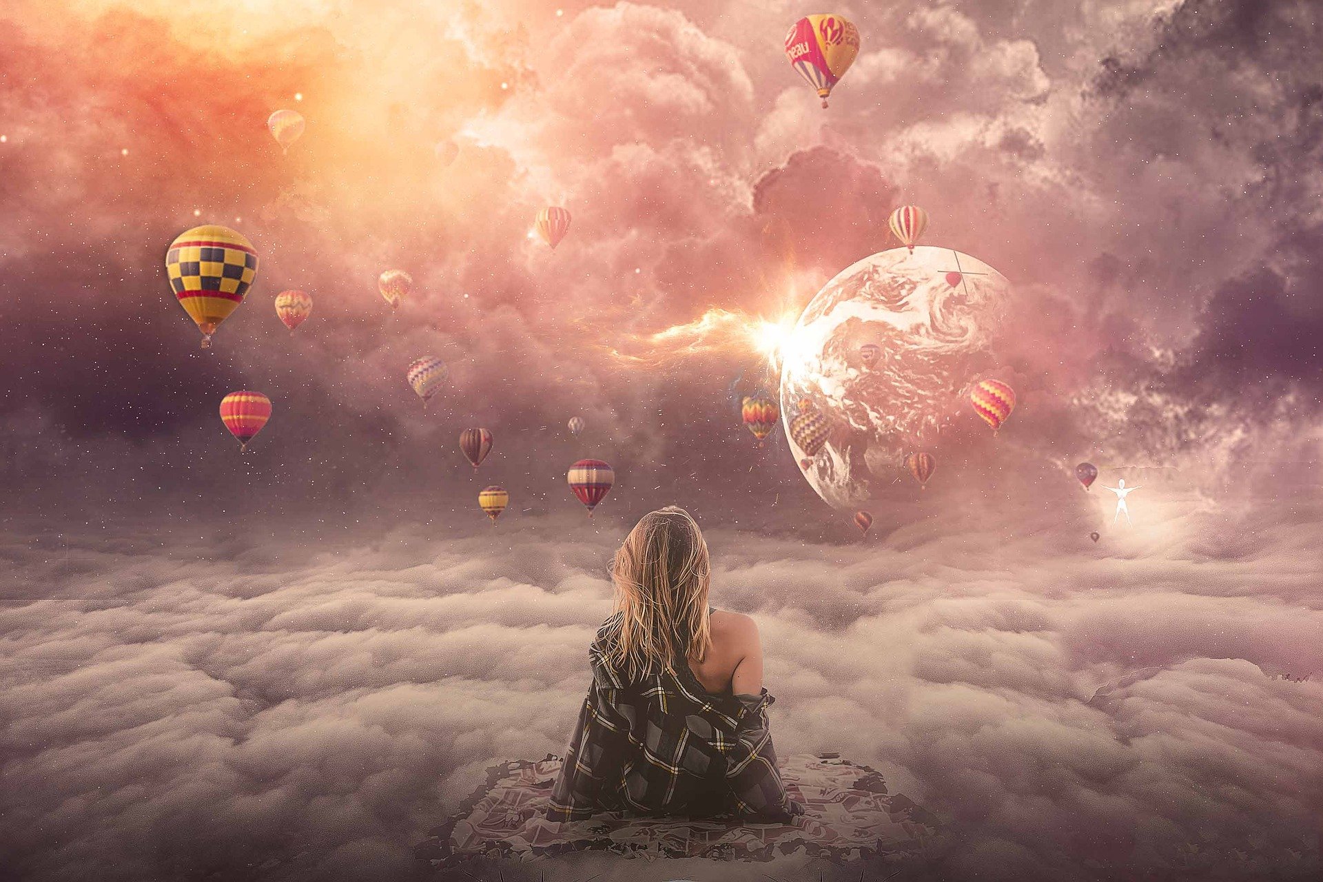 波動が高い女性が、気球や地球が見える異世界のような空間を眺めて座っている画像
