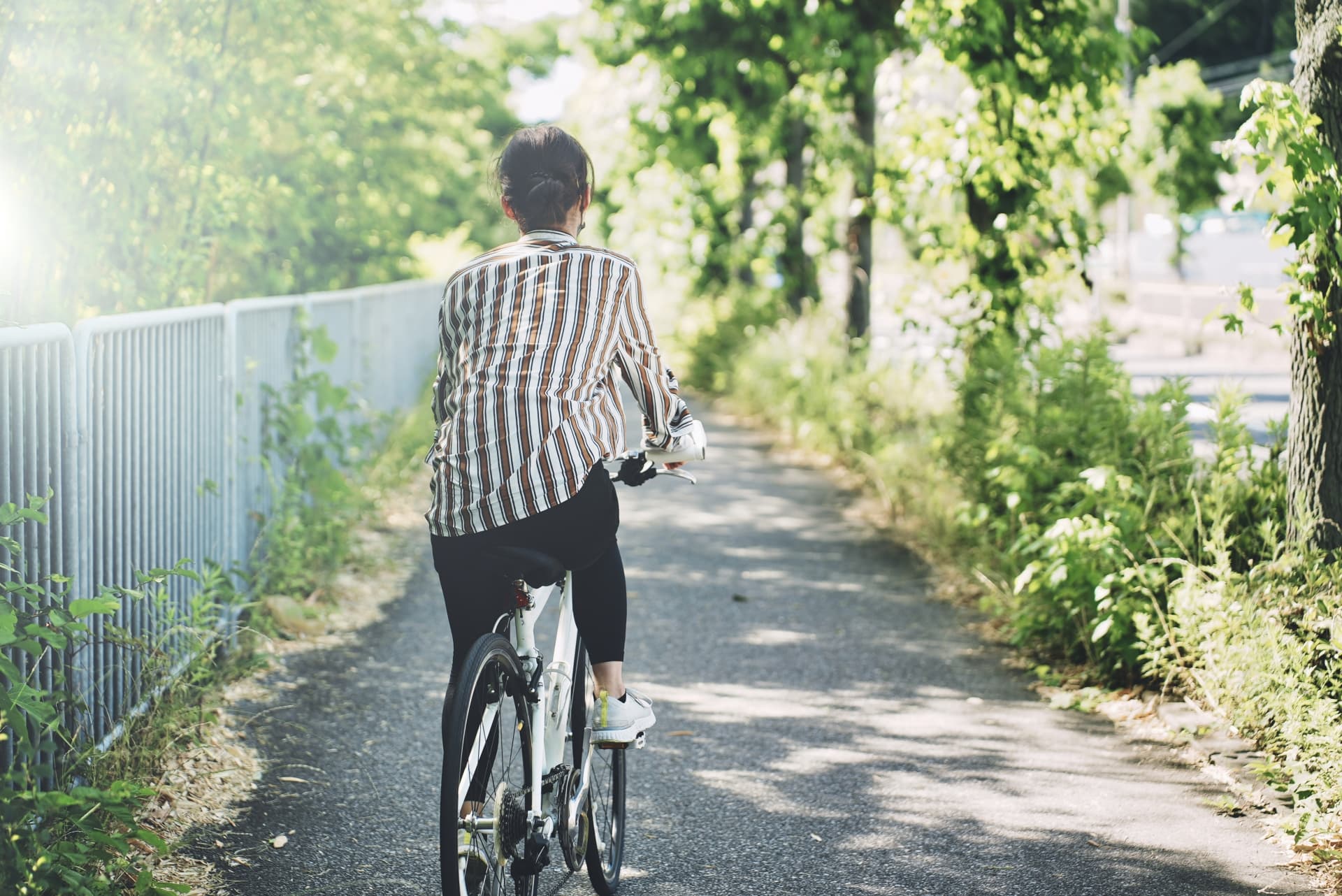 正しい道に進んでいる自転車を乗っている女性の後ろ姿の画像